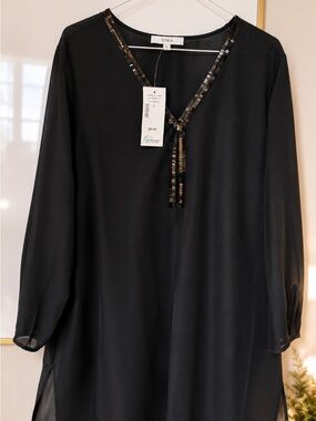 cleo Black V-Neck Tunic with Gold Sequin Trim